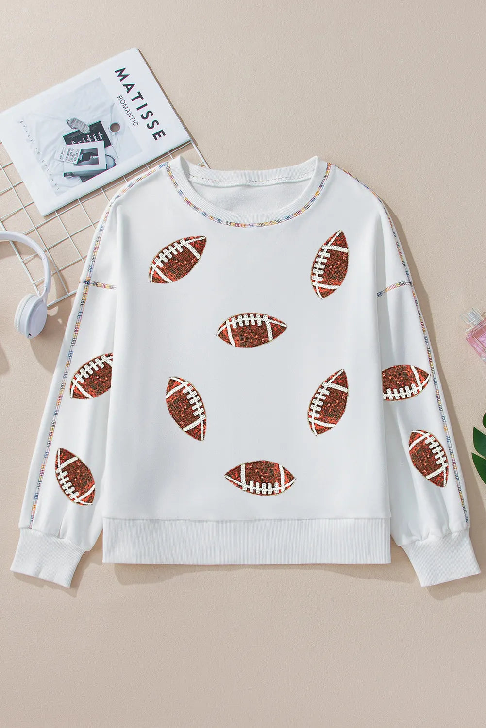 Sequin Football Round Neck Long Sleeve Sweatshirt - kinko