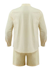 Men's Full Size Button Up Long Sleeve Shirt and Shorts Set Plus Size - kinko