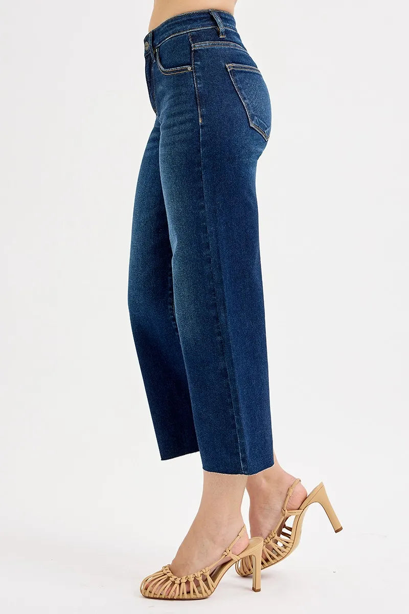 RISEN Full Size Tummy Control High Rise Crop Wide Jeans Plus Size - kinko