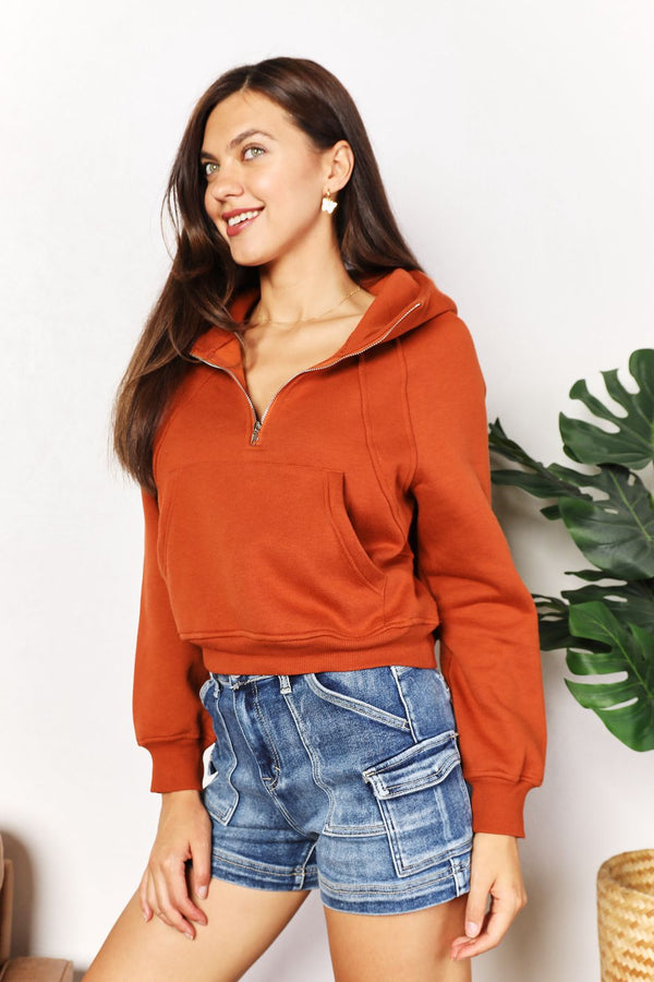 Double Take Langarm-Hoodie mit halbem Reißverschluss