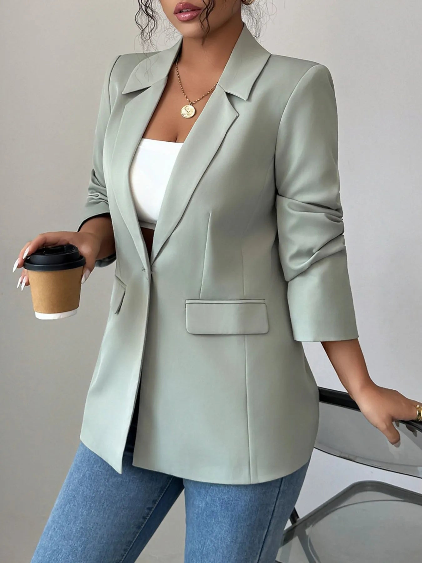 One Button Lapel Collar Blazer - kinko