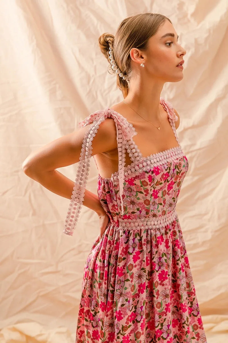 SO ME Floral Maxi Dress With Ribbon Tie Lace Strap - kinko