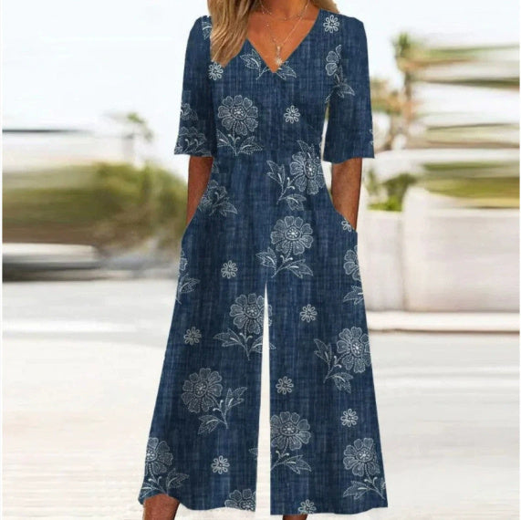 Spring And Summer Print Women's Pocket Collar Jumpsuit - kinko