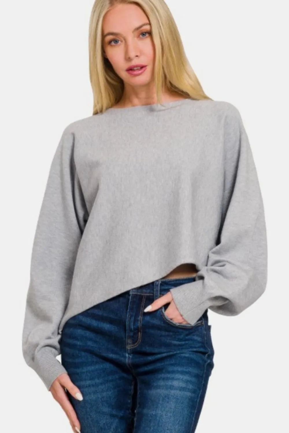 Zenana Asymmetric Hem Long Sleeve Sweater - kinko