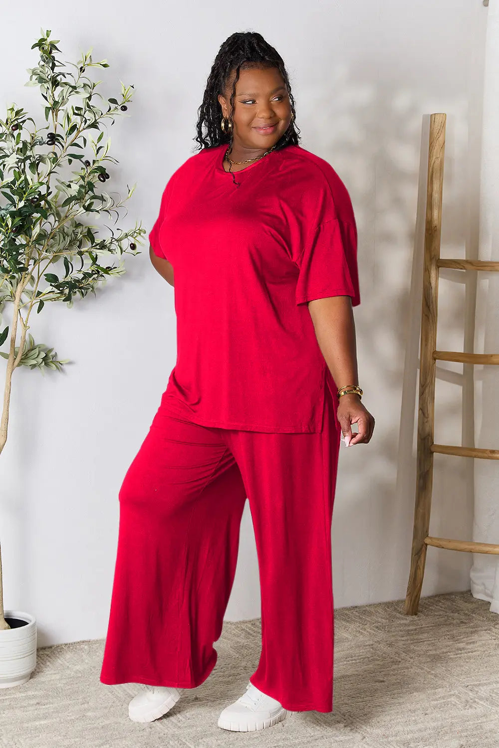Double Take Full Size Round Neck Slit Top and Pants Set - kinko