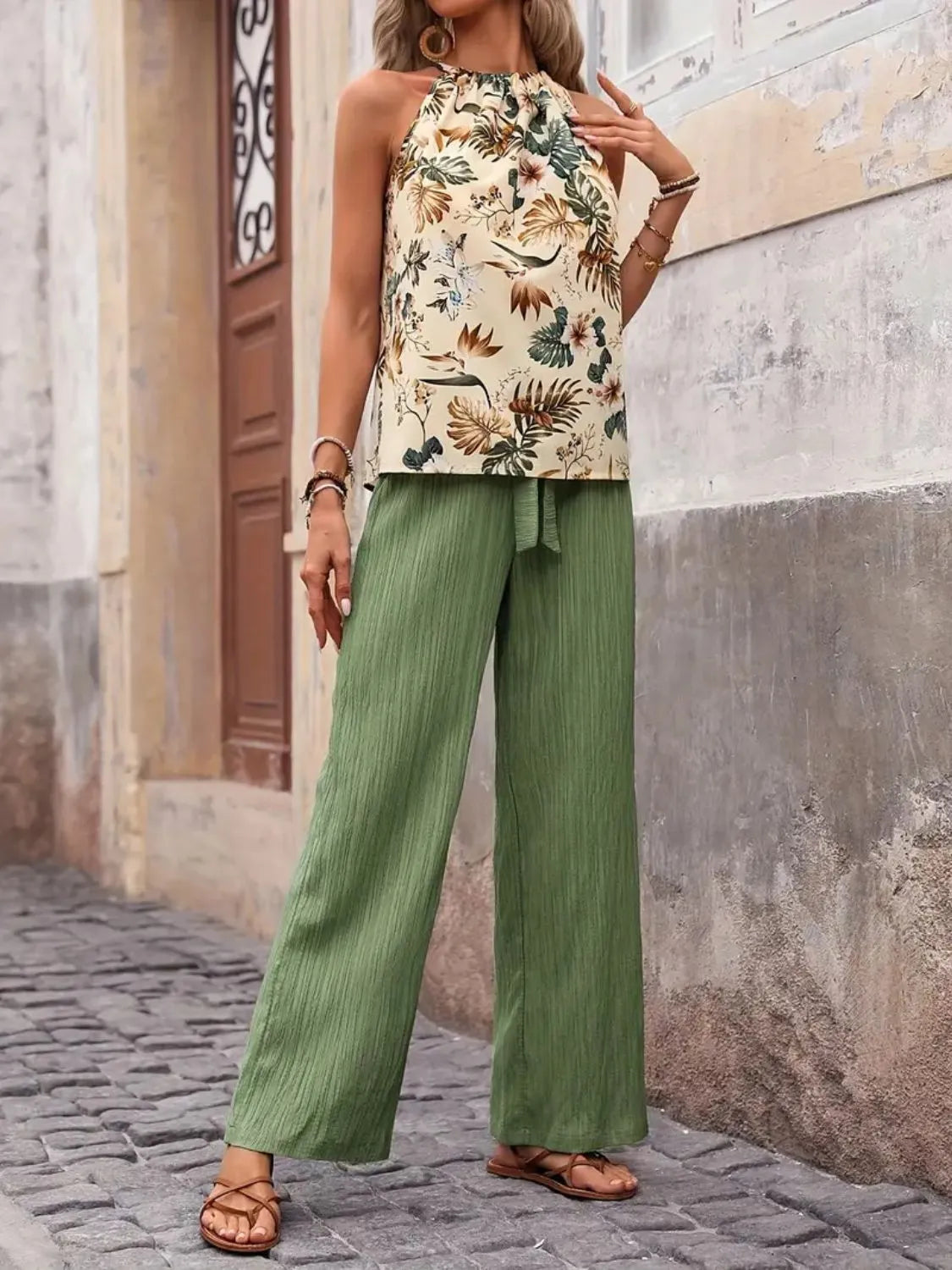 Printed Tank Top and Wide Leg Pants Set - kinko