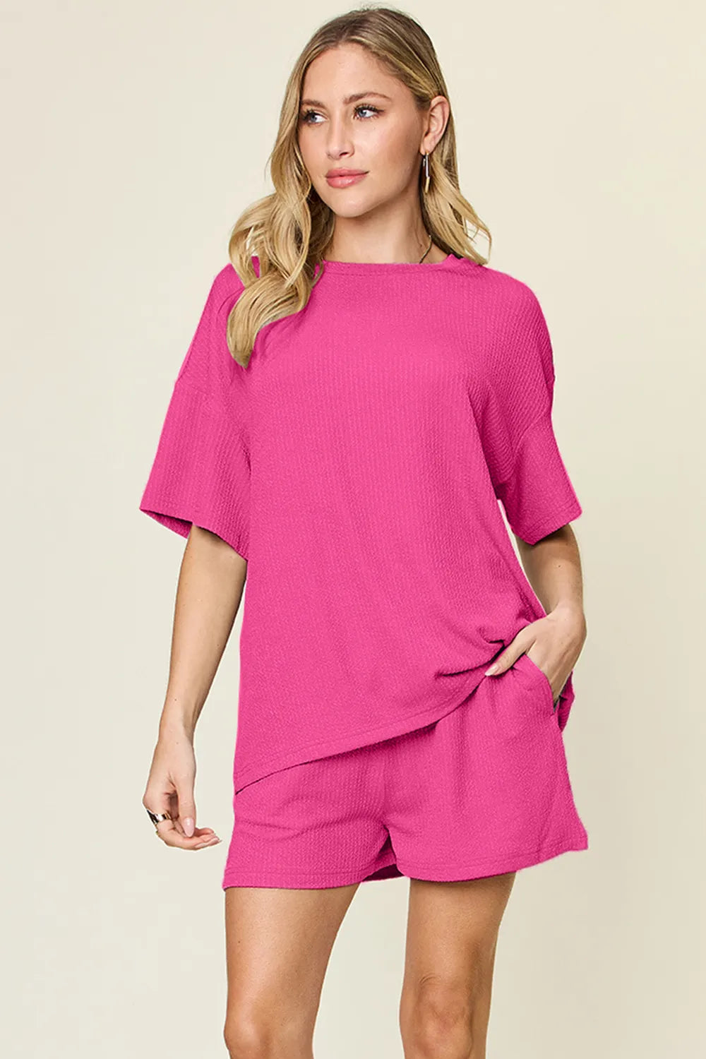 Double Take Basic style Round Neck Solid Set - kinko