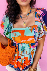 Printed Square Neck Ruffled Short Sleeve Blouse - kinko