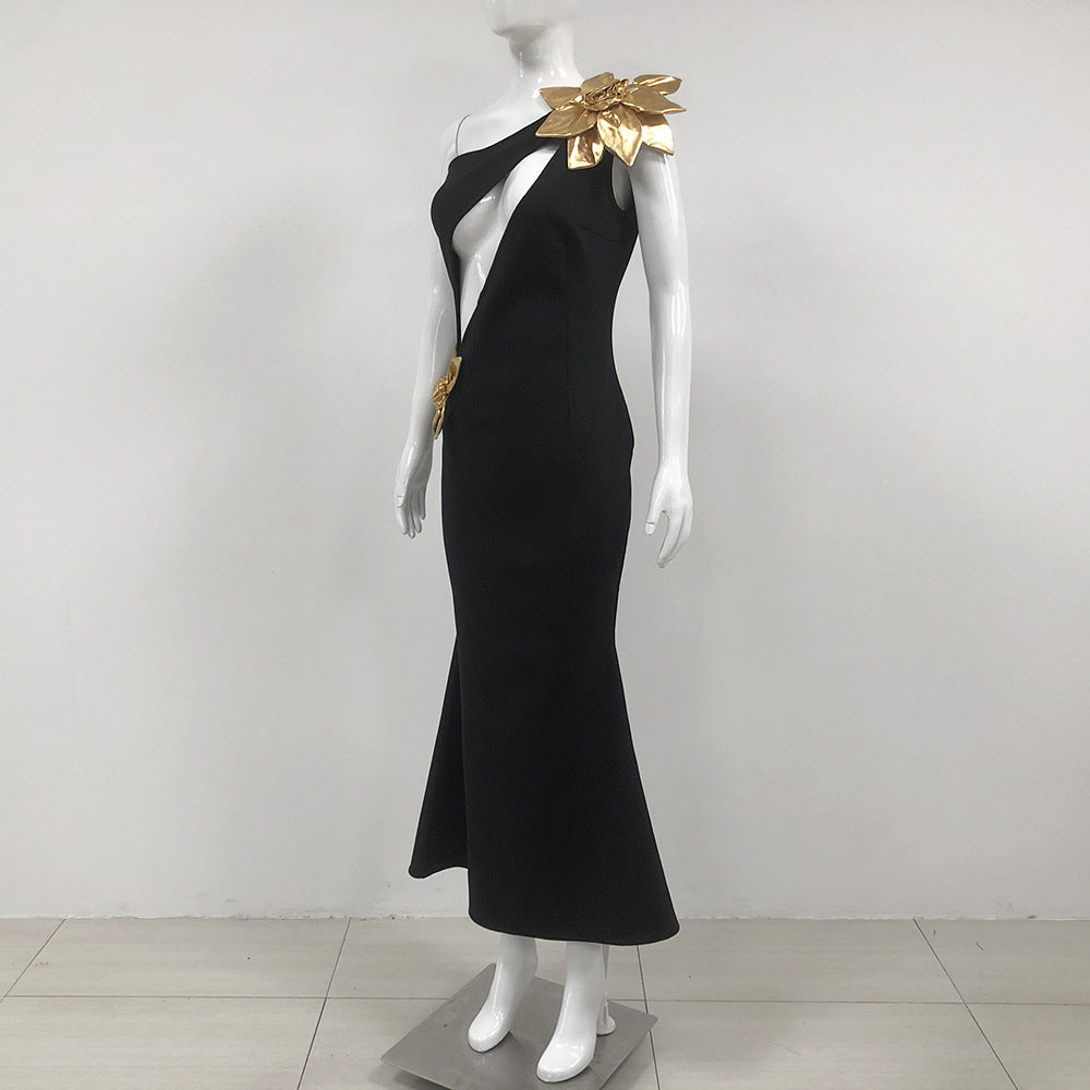 Slim-fit Bandage Golden Flower Maxi Dress - kinko