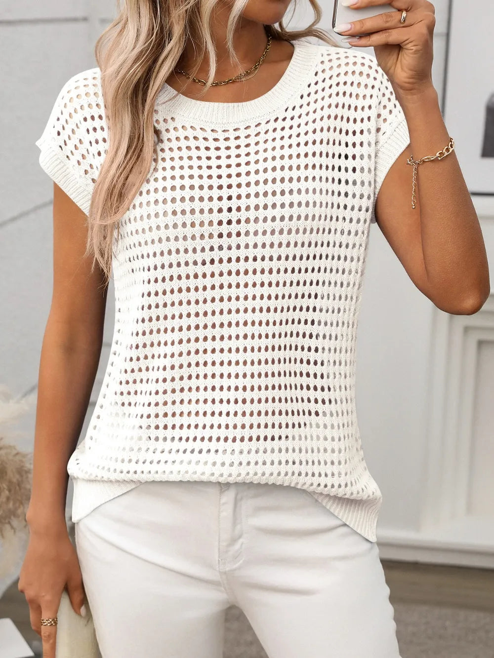 Openwork Round Neck Short Sleeve Knit Cover Up - kinko