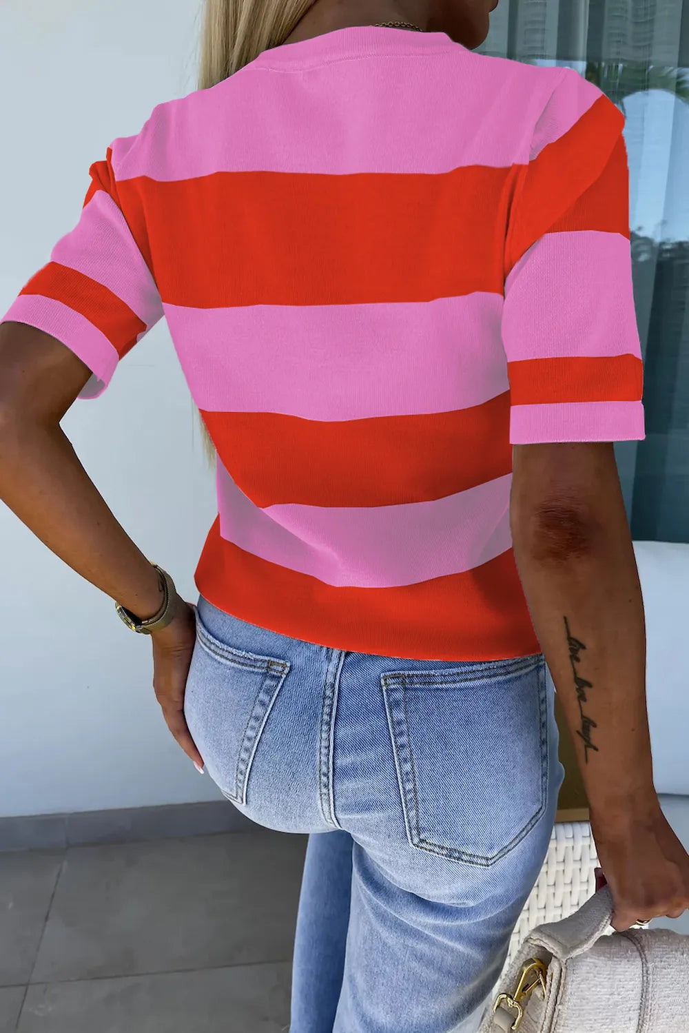 Color Block Round Neck Half Sleeve Top - kinko