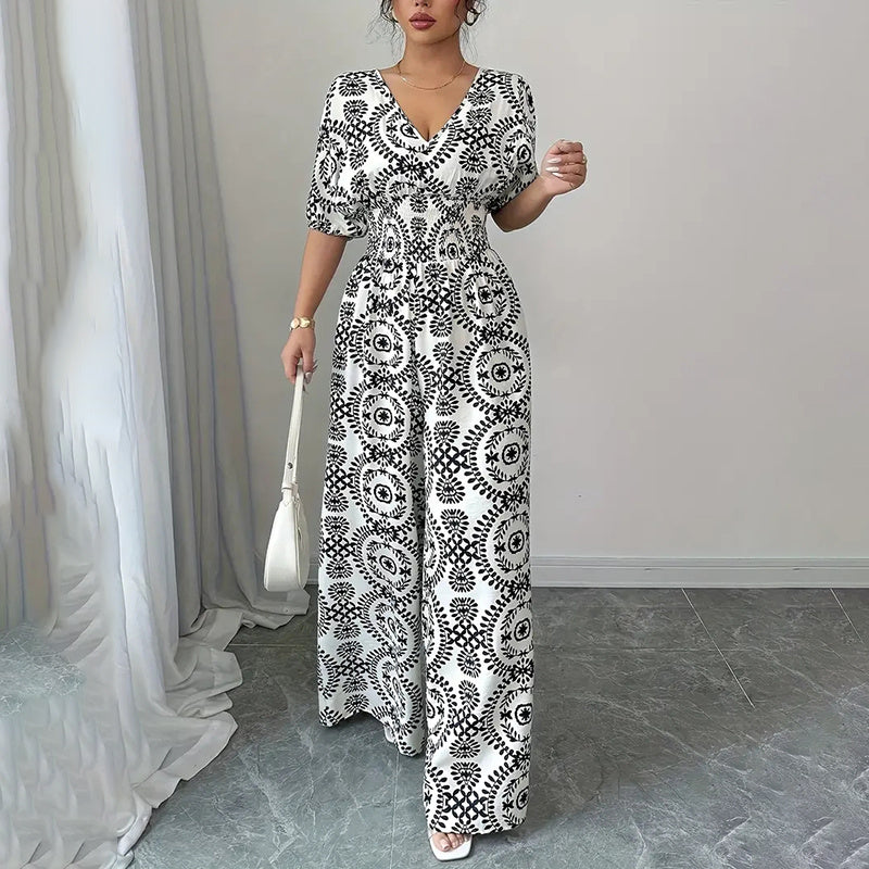 Womens Jumpsuits Short Sleeve V Neck Smocked Dressy Casual Wide Leg Pants Romper 2025 Summer One Piece Outfits - kinko