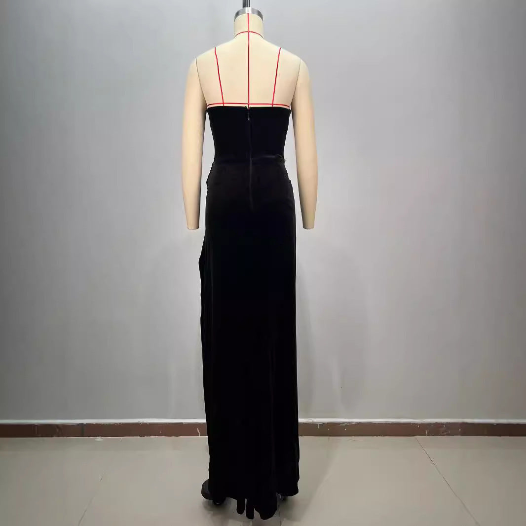 Women's Black Bandeau Slim-fit Hot Drilling Long Dress - kinko