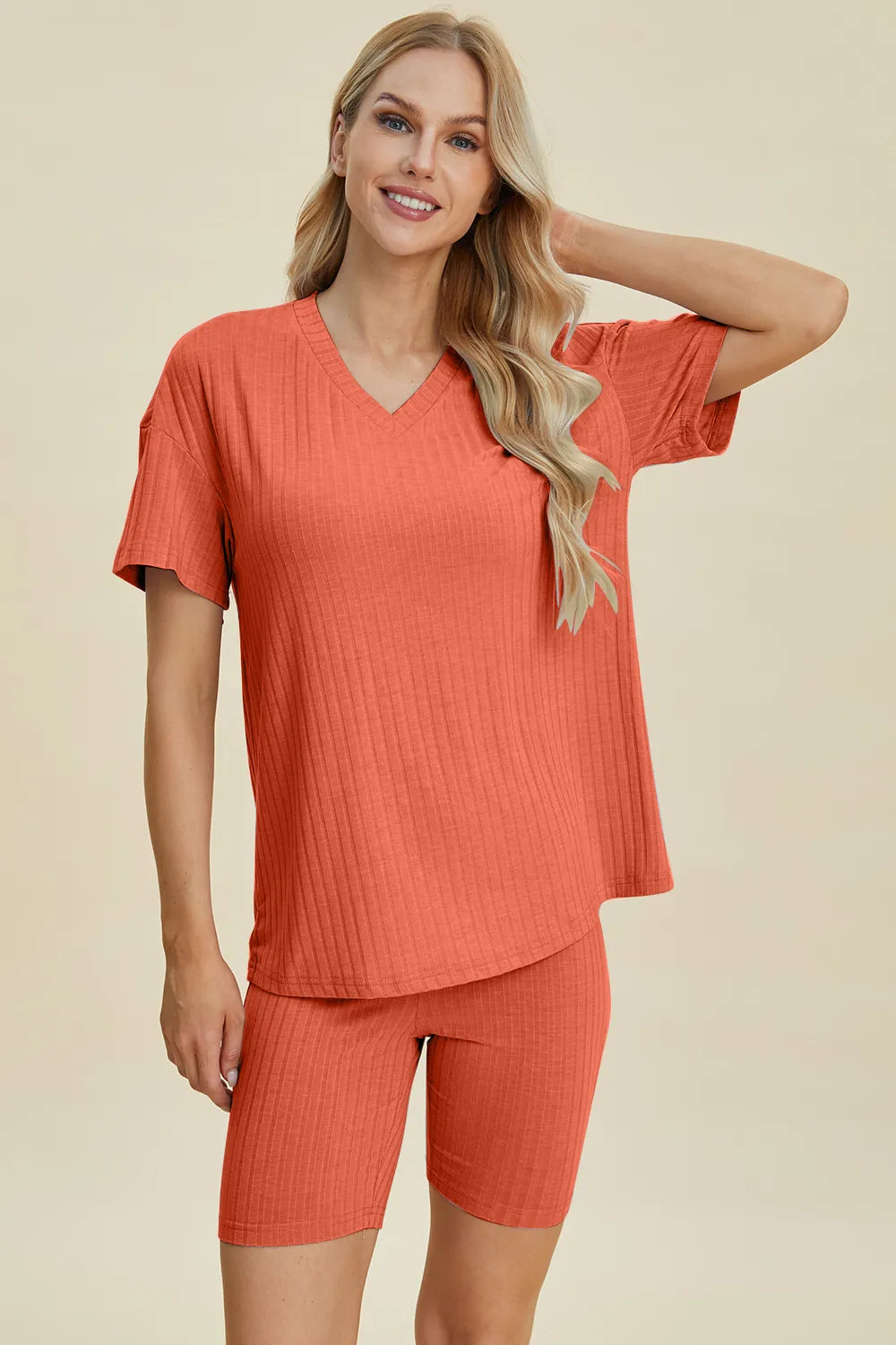 Basic Bae Full Size Ribbed V-Neck Short Sleeve Top and Shorts Set - kinko