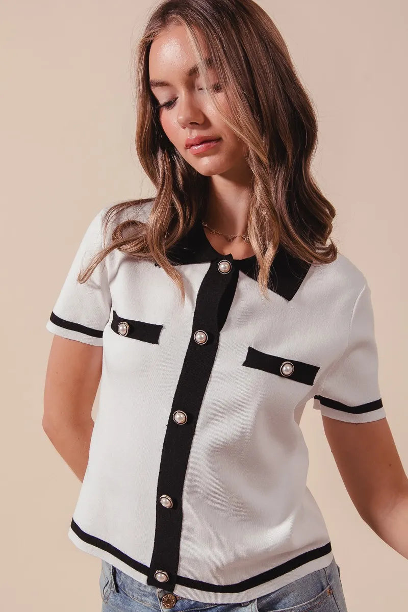 SO ME Button Down Knitted Sweater Shirt Top - kinko
