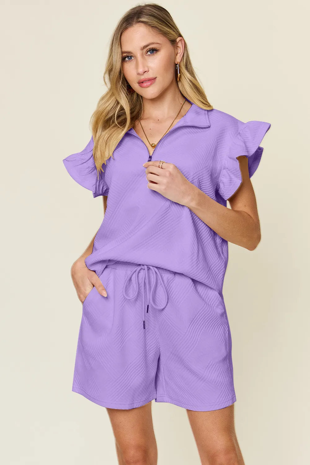 Double Take Full Size Texture Flounce Sleeve Top and Drawstring Shorts Set - kinko