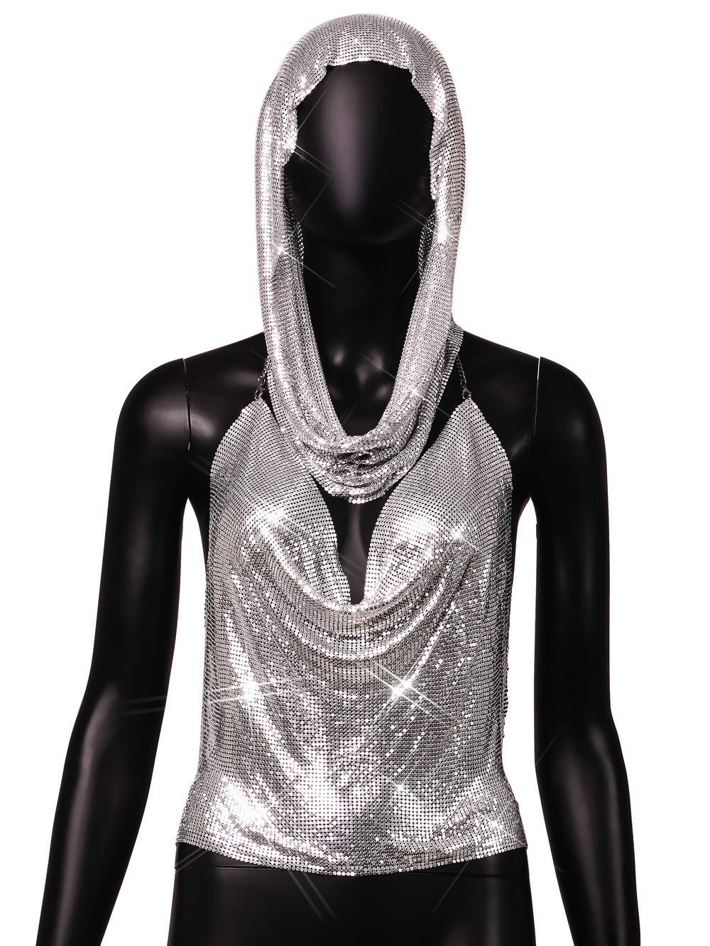 Back Slit Metal Sequins Top Scarf Two-piece Set - kinko