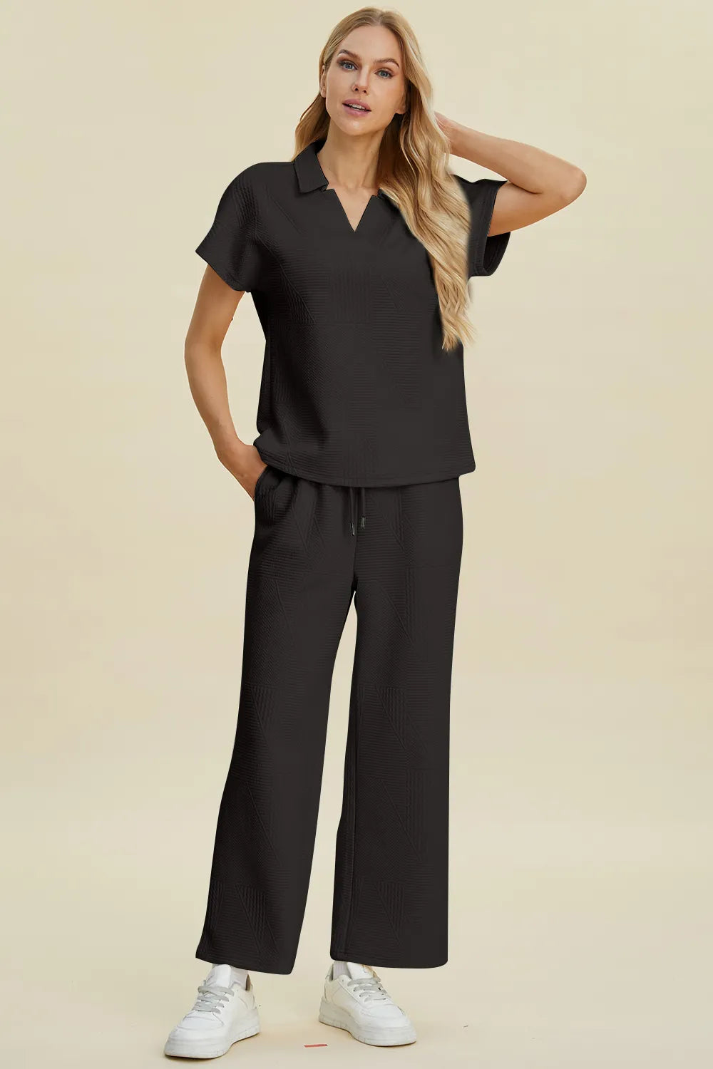 Double Take Full Size Collared Neck Short Sleeve Top and Pants Set - kinko