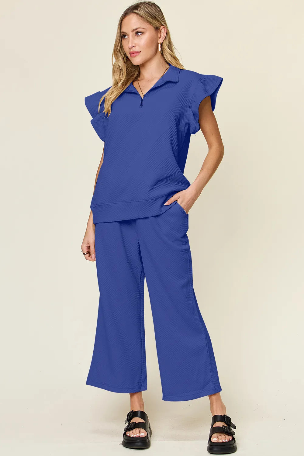 Double Take Texture Ruffle Short Sleeve Top and Drawstring Wide Leg Pants Set - kinko