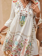 Lace Detail Printed Three-Quarter Sleeve Dress - kinko