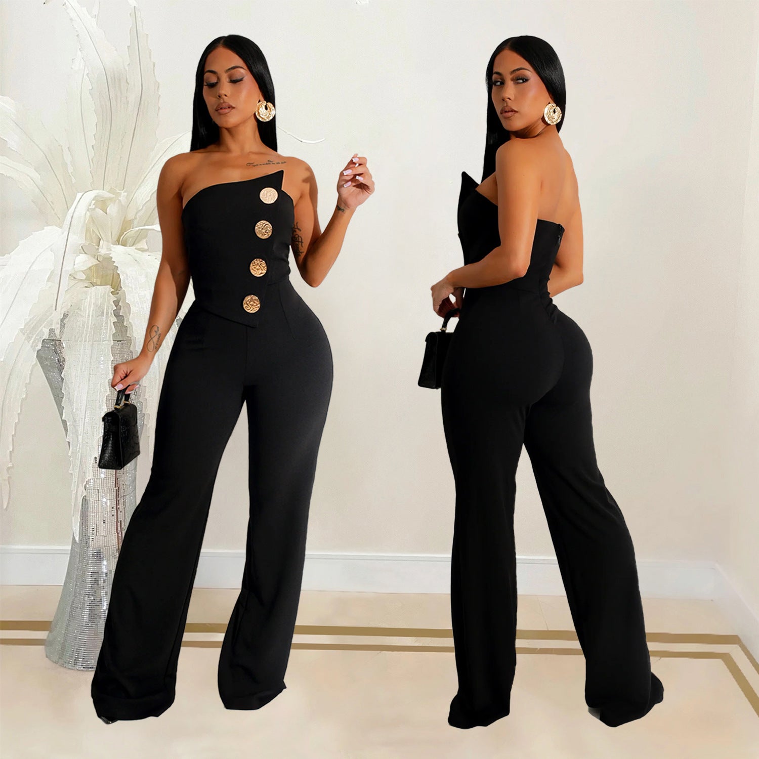 European And American Fashion Women's Wear Sleeveless Button Jumpsuit Trousers - kinko