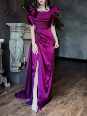 Elegant Puff Sleeve Pleated Slit Maxi Dress - kinko