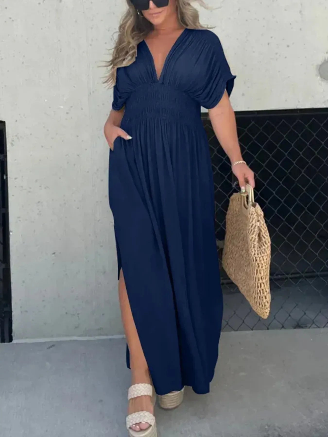 Full Size Deep V-Neck Maxi Dress with Side Slit Plus Size - kinko