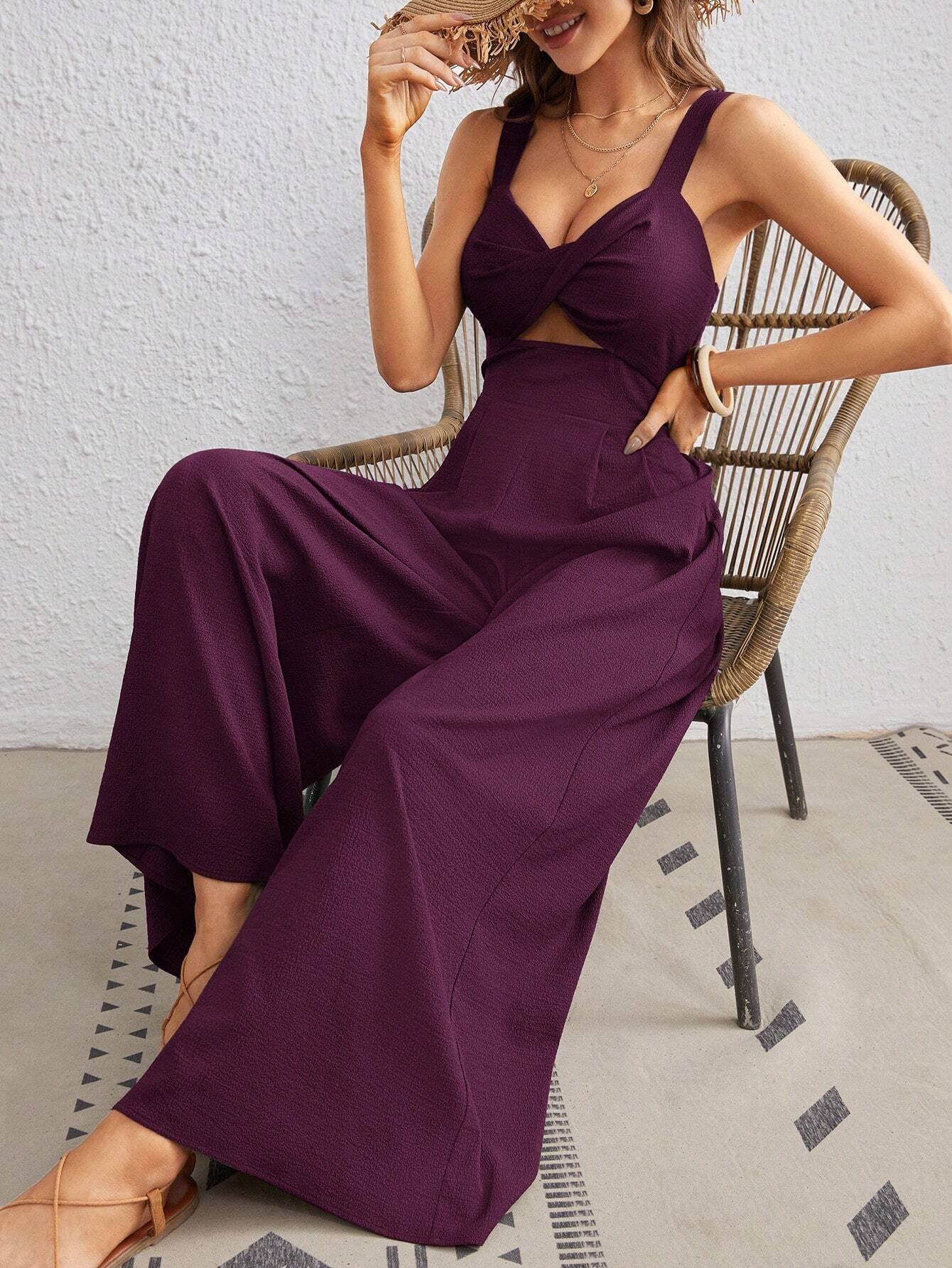 Women's Solid Color Loose Overall One Piece Summer Beach Jumpsuit With Spaghetti Straps - kinko