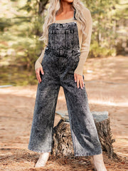 Vintage Washed Wide Leg Denim Overalls with Front Pockets - kinko