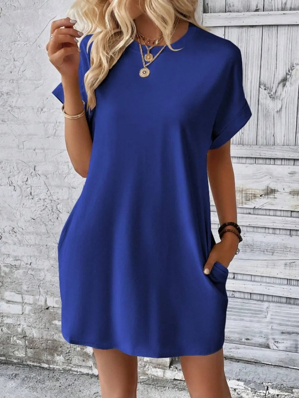 Pocketed Round Neck Short Sleeve Dress - kinko