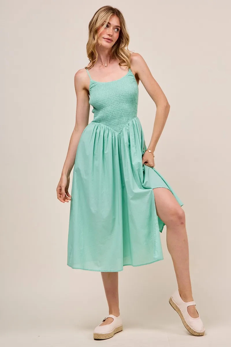 SO ME Smocked Sleeveless Casual Everyday Dress With Slit - kinko
