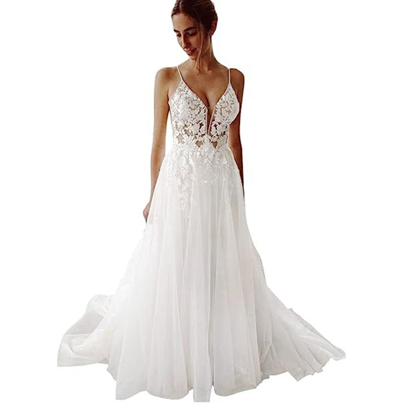 Women's Wedding Dress Lace Strap Backless - kinko