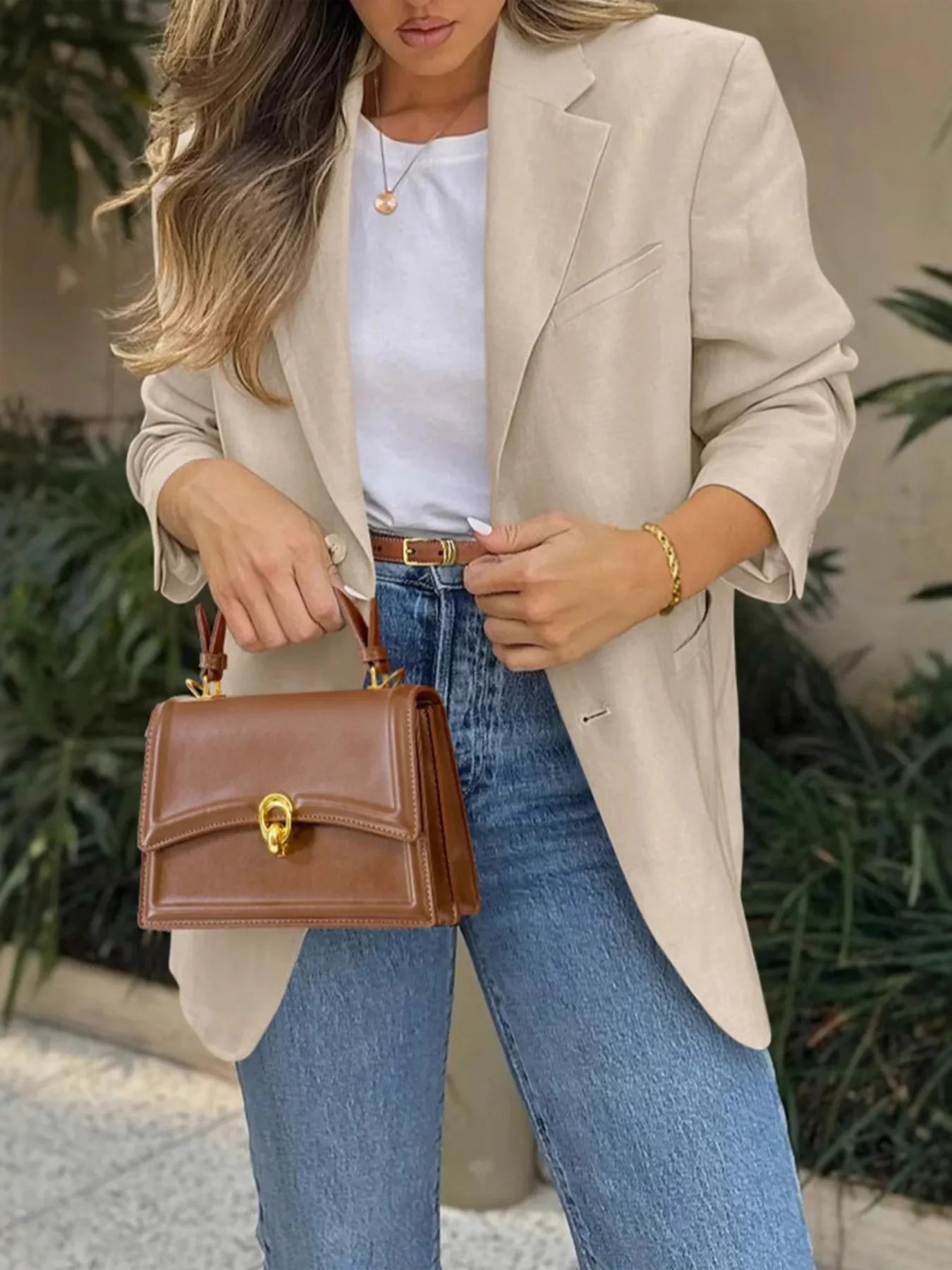 Pocketed Lapel Collar Long Sleeve Blazer - kinko