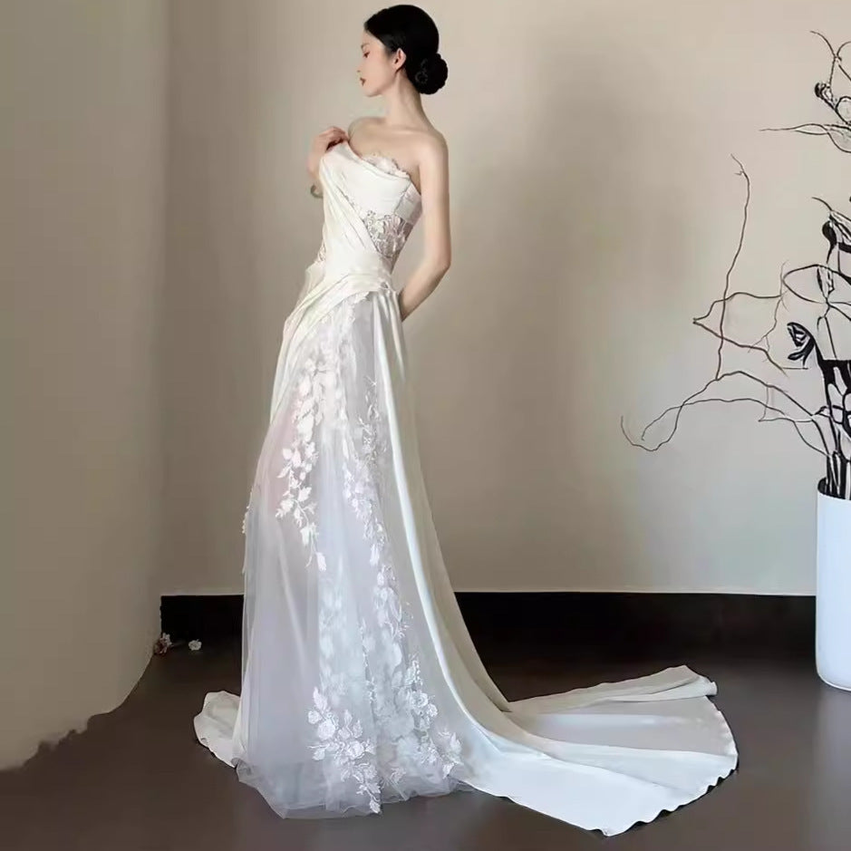 Satin Lace Wedding Veil Tube Top Fishtail Wedding Dress - kinko