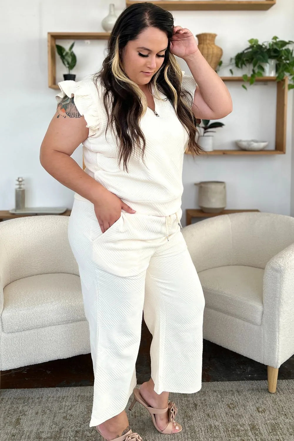 Double Take Texture Ruffle Short Sleeve Top and Drawstring Wide Leg Pants Set - kinko