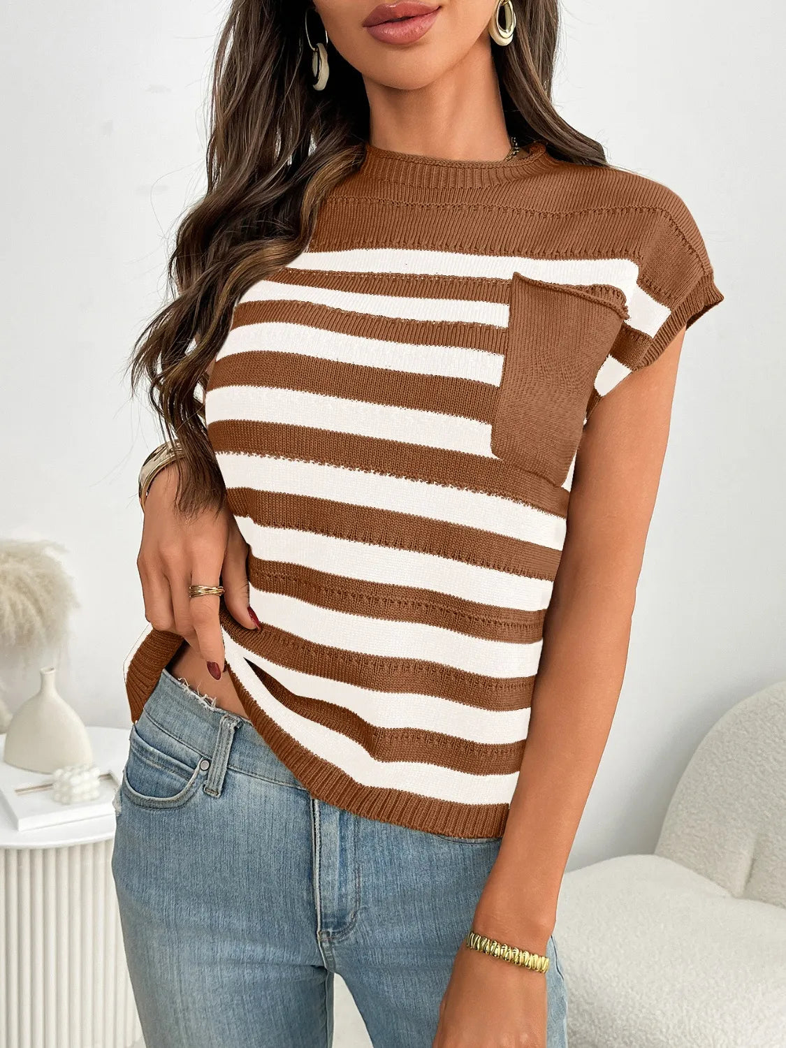 Striped Mock Neck Cap Sleeve Knit Top - kinko