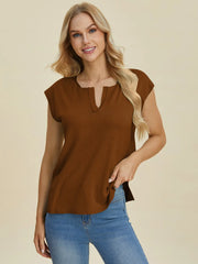 Double Take Full Size Notched Cap Sleeve Knit Top - kinko