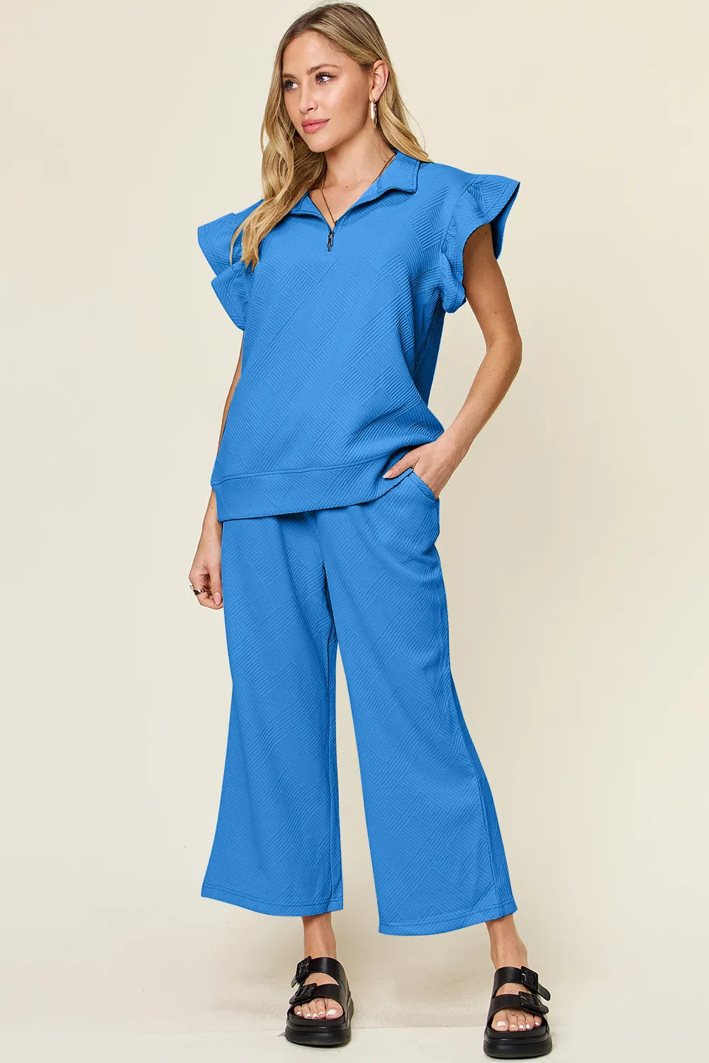 Double Take Texture Ruffle Short Sleeve Top and Drawstring Wide Leg Pants Set - kinko