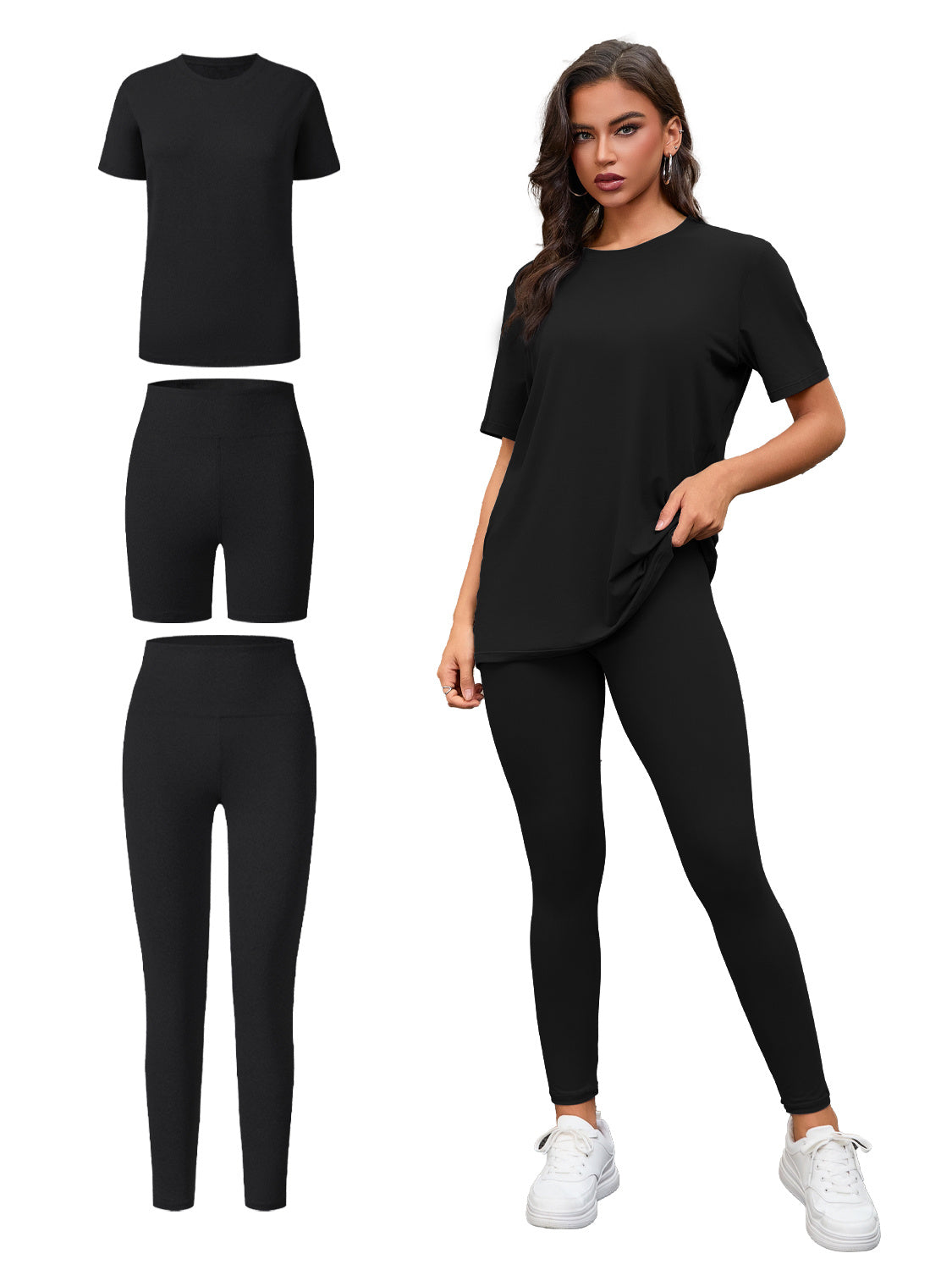 Three Piece Set, Round Neck Short Sleeved Top And Shorts And Pants Set, Sports And Casual Clothing - kinko