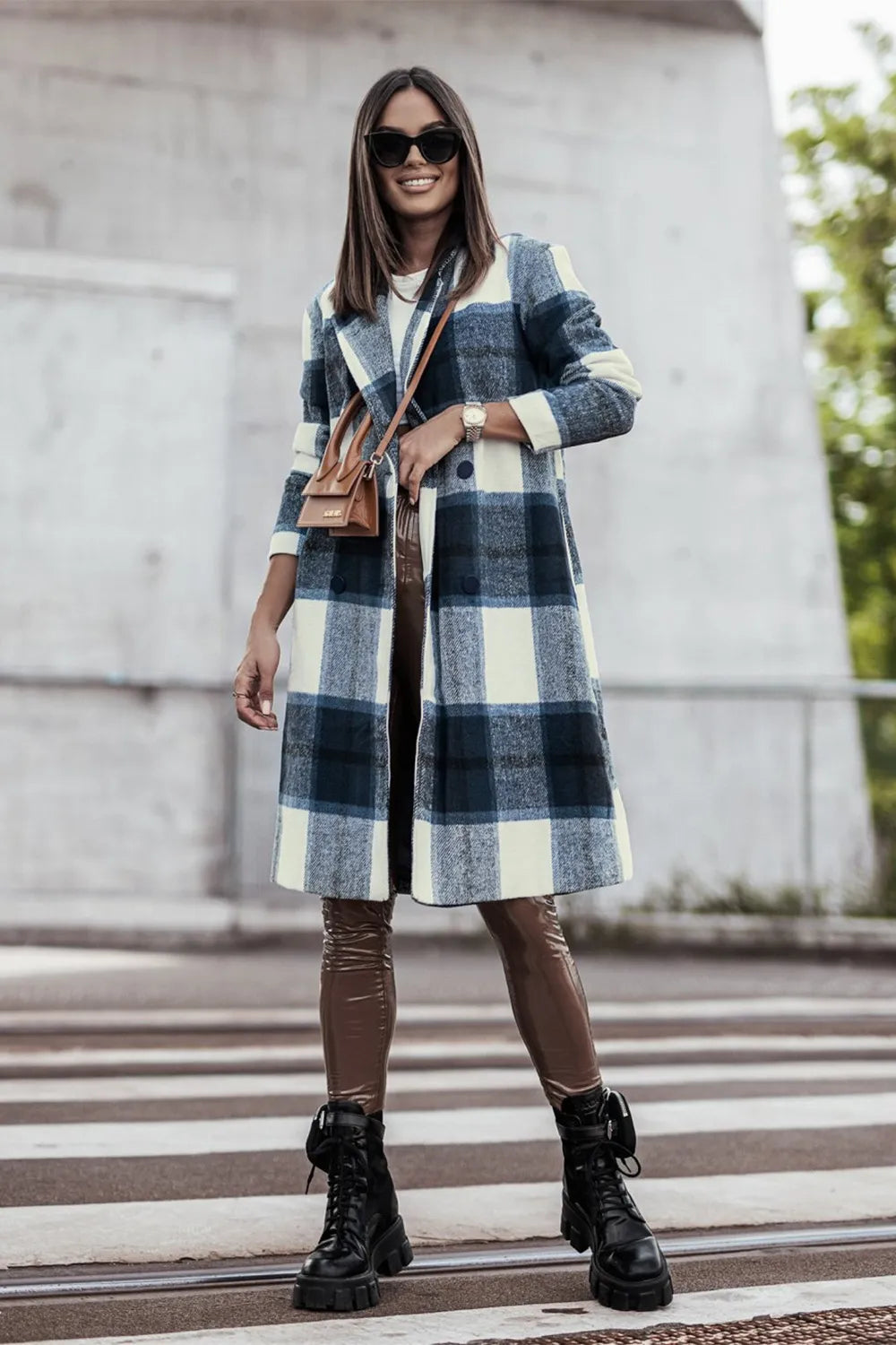 Double Take Full Size Plaid Button Up Lapel Collar Coat - kinko