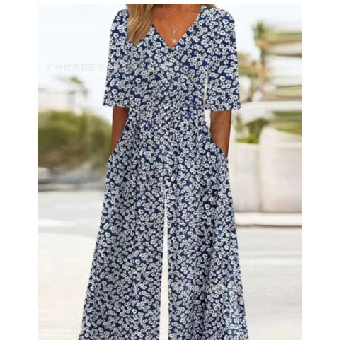 Spring And Summer Print Women's Pocket Collar Jumpsuit - kinko