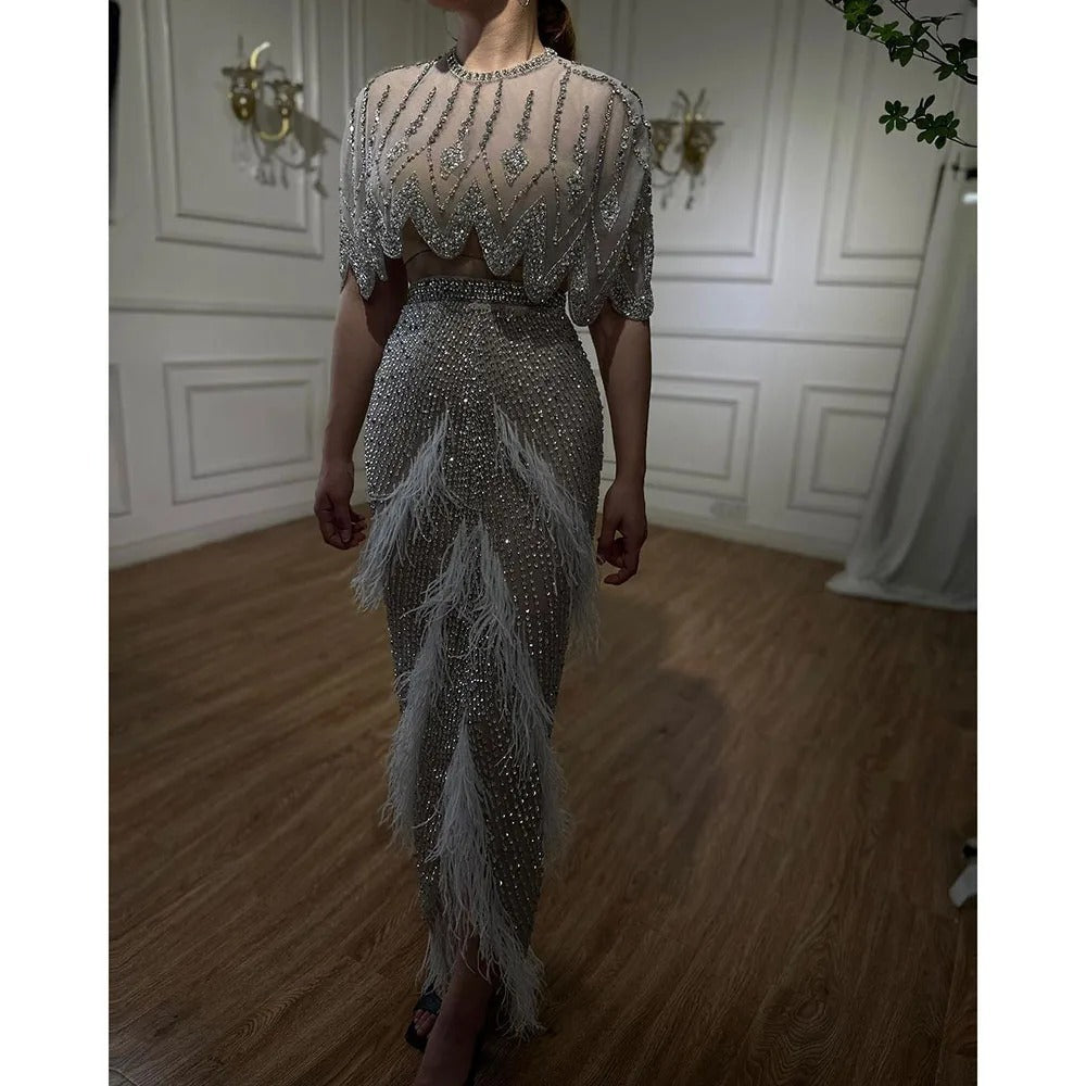 European And American Silver Nude Slim-fit Feather Shawl Host Performance Ladies' Evening Dress - kinko