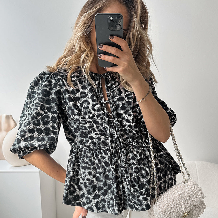 Women's Design Lace-up Bubble Sleeve Printed Blouse - kinko
