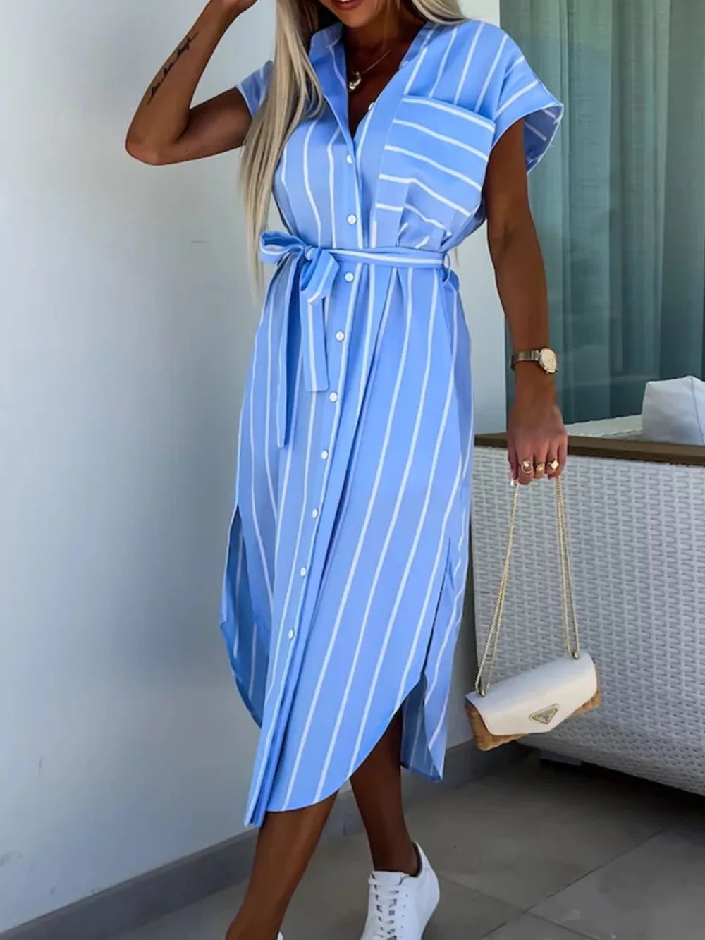 Striped Tie Waist Short Sleeve Dress - kinko