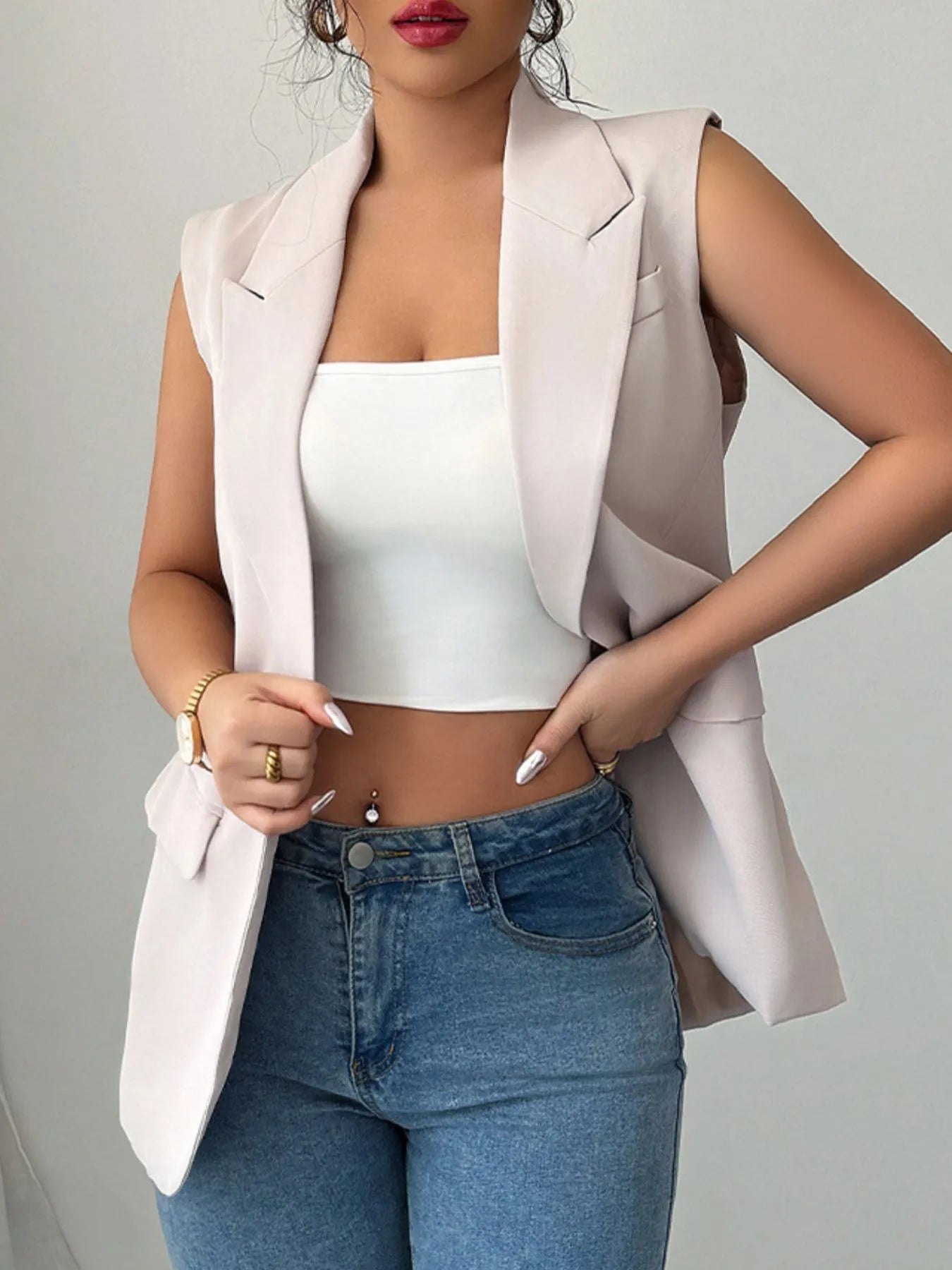 One Button Sleeveless Blazer - kinko