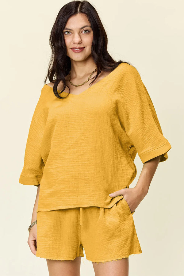 Double Take Texture Halbarm-T-Shirt und Shorts im Set mit Kordelzug