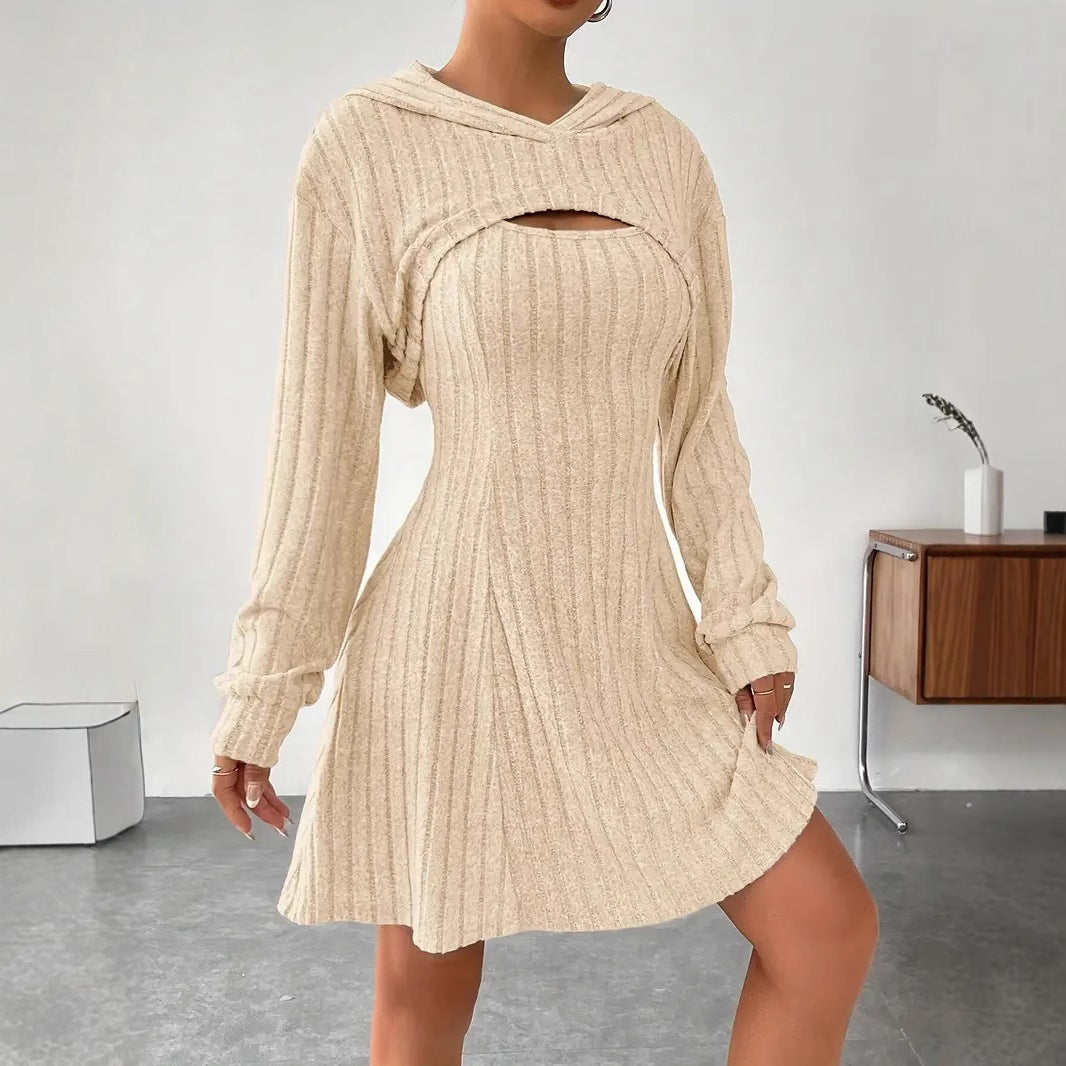 Women's Two-piece Set Dresses New Fashion Fall Winter Hooded Shawl Long-sleeved Vest Short Skirt - kinko