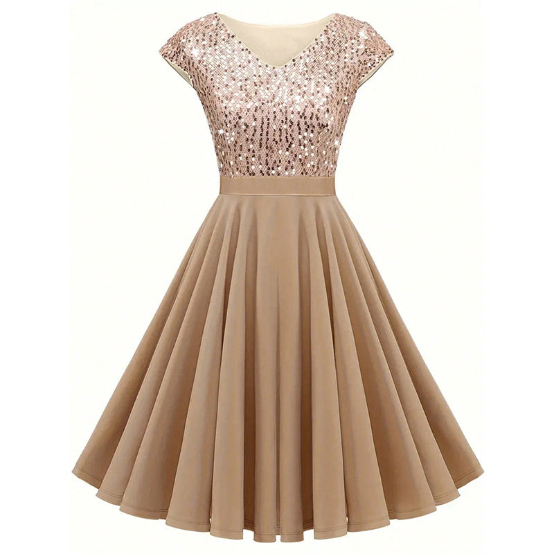 Women's Elegant Sequin V Neck Cap Sleeves Pleated Evening Cocktail Dress - kinko