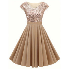 Women's Elegant Sequin V Neck Cap Sleeves Pleated Evening Cocktail Dress - kinko