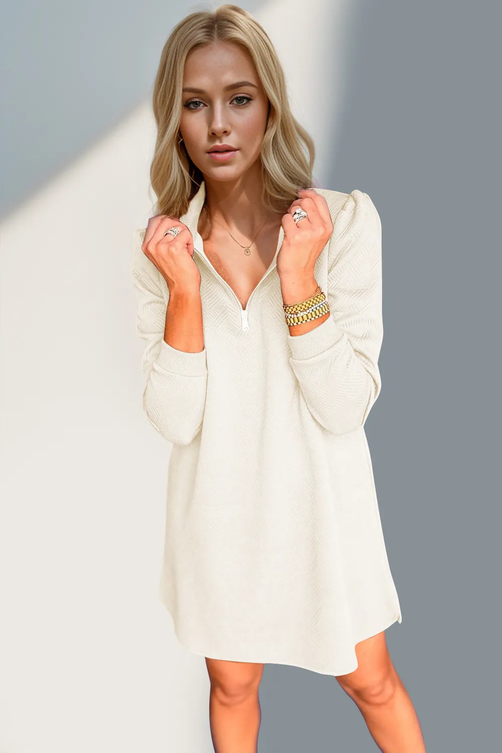 Double Take Textured Quarter Zip Long Sleeve Dress - kinko